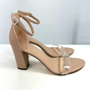 Madden Girl Clear Toe Strap Block Heel Ankle Strap Sandals 8.5M‎ Blush Neutral